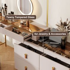 a vanity with mirrors and jewelry on it