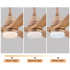 three different types of ceiling fans with wooden blades and light bulbs on each one side