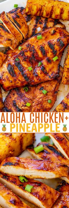 grilled chicken and pineapple skewers on a white plate with text overlay