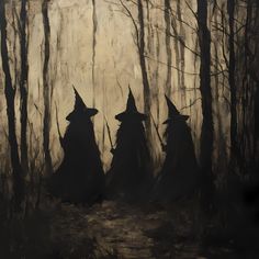 three witches walking through the woods with their heads turned to look like they're coming out