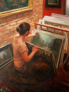 a painting of a woman sitting in front of an easel