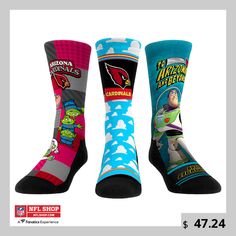 Show off your Arizona Cardinals pride with these Toy Story crew socks from Rock Em Socks. This pack includes three pairs that feature vibrant sublimated graphics of your favorite characters from the beloved animated film. Each pair boasts breathable construction with a form-fitting band and padded soles to ensure a comfortable fit that will have you saying "To infinity... and beyond!" all season long. Cardinals Nfl, Sock Toys, Toy Story 3, To Infinity And Beyond, Houston Texans, Arizona Cardinals, Animation Film, Cardinals, Toy Story