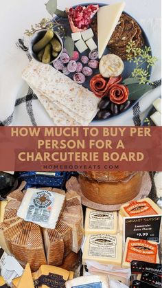 cheeses, crackers and other foods on a table with the words how much to buy per person for a charcuterie board