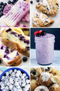 blueberry desserts and treats are featured in this collage