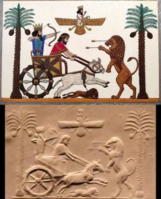 an ancient egyptian scene is depicted in two separate panels, one depicting a chariot and the other depicting a lion