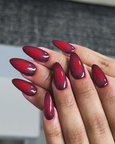 Burgundy Airbrush Nails, Moody Red Nails, Red Pink Black Nails, Red And Orange Aura Nails, Red Aura Nails With Chrome, Fiery Red Nails, Red Air Brush Nails, Maroon Jelly Nails, Aura Red Nails