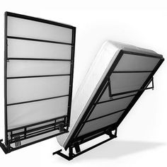 two black and white images of the same bed frame, one with a mattress on it