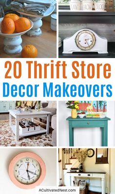 20 thrift store decor makeovers book cover with images of furniture and clocks on display