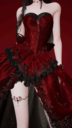 Royal Corset Dress, Vampire Outfit Women, Goth Dresses Formal, Red Black And White Dress, Red Assassin Outfit, Succubus Outfit Ideas, Vampiric Outfits, Vampire Royalty Outfits, Demon Dress