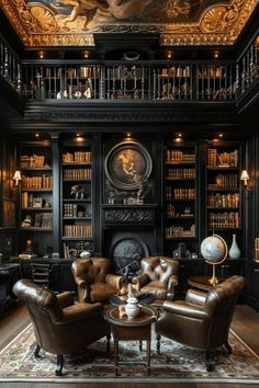 Scottish Pub Interior Design, Moody Speakeasy Room, Gentlemans Club Decor, Dark Academia Chair, Dark Academia Settings, Dark Academia Lounge, Black Library Room, Dark Academia Decor Ideas, Dark Academia Furniture