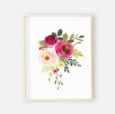 watercolor painting of pink flowers on white paper framed in wooden frame with clipping