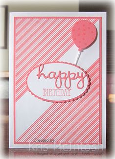 a pink and white birthday card with a red balloon on the front, happy birthday