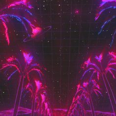 palm trees in front of a black background with pink and blue lights