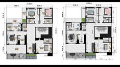 two story house plans with floor plans and measurements for each room in the same building