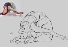 a drawing of a woman doing yoga on the floor with her hands behind her head