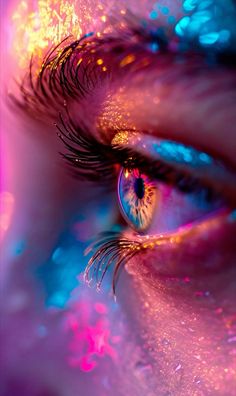 an eye with bright blue and pink glitters on the iris's eyes, as if it were from outer space