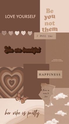 a collage of different types of paper with words and hearts on them, including the words love yourself