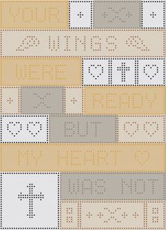 cross stitch pattern with the words and numbers on it in white, yellow and grey colors