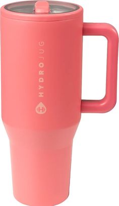 a pink travel mug with the word hydro on it's front and bottom half