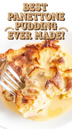 This PIN highlights the "Best Panettone Pudding Ever Made!" with an image of a golden-brown panettone bread pudding, drizzled with a creamy vanilla sauce. The fork digging into the soft pudding showcases its rich, moist texture, making it an inviting dessert choice for any festive occasion. Holiday Dessert Ideas, Custard Bread Pudding, Custard Bread