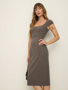 You flirt. Shop the Coco Dress from Reformation, a midi-length dress with a square neckline, capped sleeves, and front seams. French Girl Outfits, Professional Dress For Women, Knee Length Jacket, 90s Inspired Outfits, Cap Sleeve Dress, Fall Outfit Ideas, Swimwear Dress, Capped Sleeves, Vintage Inspired Dresses