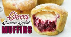 there is a muffin that has been cut in half with the words cherry cheesecake crescent muffins on it