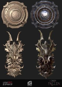 four different types of armor and helmets for the elder scrolls game, including one with horns