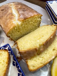 a loaf of lemon pound cake sitting on top of a plate