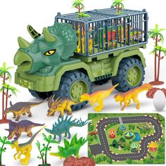 an assortment of toys including dinosaurs and cars