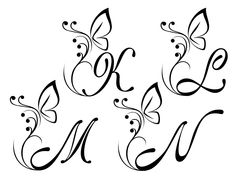 the letter m with butterflies and swirls in black ink on a white paper background