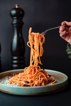 someone is holding a fork full of spaghetti on a plate with parmesan cheese