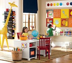 two children's playrooms with toys and decor