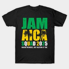 a black t - shirt with the words jam aca and palm trees on it