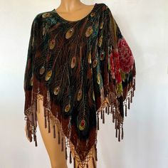 Absolutely Stunning 1920s Vintage Silk Velvet Embroidered Handmade Cape Or Shawl With Glass Beaded Tasseled Fringe; One Size Measures 60 Inches Across, 30 Inches Top To Bottom Without Tassels, 35 Inches Top To Bottom With Tassels; In Excellent Condition, There Are A Few Tassels Missing. Downtown Abbey Style. Luxury Bohemian Shawl With Fringe, Vintage Fringe Shawl For Festivals, Bohemian Brown Cape Shawl, Sequin Shawl, 1920s Flapper Fur Shawl, Luxury Bohemian Fringe Shawl, Drowsy Chaperone, Embroidered Peacock, 70s Inspired Outfits