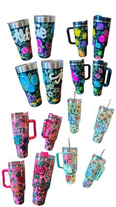 many different colored coffee cups are arranged in the shape of numbers and letters with flowers on them