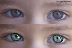 two different pictures of blue eyes and one is green