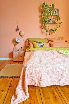 a bedroom with pink walls and wooden flooring has a plant hanging on the wall