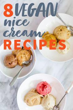 two bowls filled with ice cream on top of a white counter next to spoons