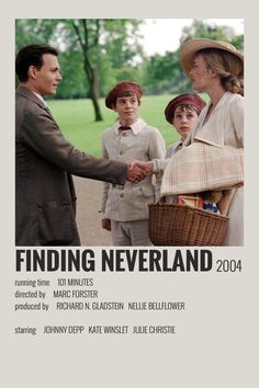 a movie poster for finding neverland with three people shaking hands and two children in the background