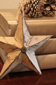 an origami star on top of books with a pine cone in the background