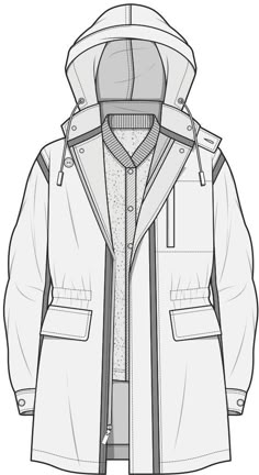 a drawing of a jacket with hood and zippers