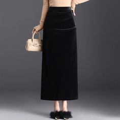 Olivia Mark - Black High-Waisted Velvet Midi Skirt with Bodycon Fit and Golden Thread Detail Velvet Skirts, Freakum Dress, Velvet Midi Skirt, Utility Skirt, Golden Thread, Wrap Around Skirt, Velvet Skirt, Pleated Shorts, Types Of Skirts