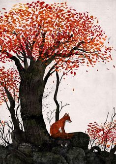 a painting of a fox sitting on top of a rock next to a tree with red leaves