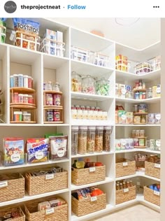 a pantry filled with lots of different types of food and containers on the shelves next to each other