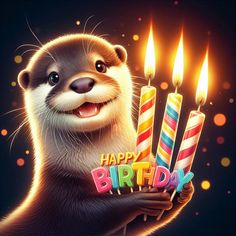 a happy birthday card with an otter holding candles