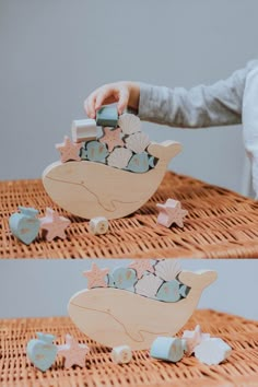 two pictures of a baby's wooden boat with sea shells and starfish on it