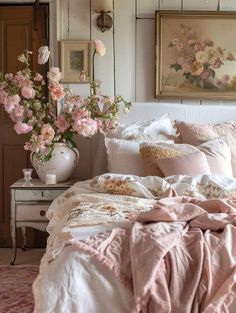 a white bed topped with lots of pillows next to a vase filled with pink flowers