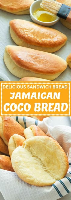 delicious sandwich breads with jamaican coco bread in the background and text overlay that reads delicious sandwich bread