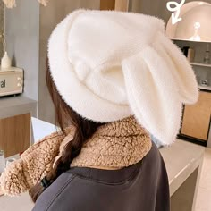 Material: Plush Color: White . Khaki . Brown . Black Size Info: 14.37" × 11.42" Bunny Ears Hat, Korean Fashion Kpop Inspired Outfits, Rabbit Fur Hat, Hat Aesthetic, Korean Fashion Kpop, Bunny Hat, Branded Scarves, Chunky Sweaters, Ear Hats