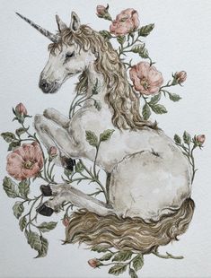 a drawing of a unicorn with flowers around it